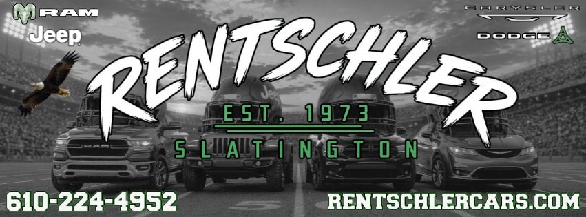 Rentschler Motors ad: 'RENTSCHLER EST. 1973 SLATINGTON' over cars, football helmets, and a stadium. Brands, phone, website.