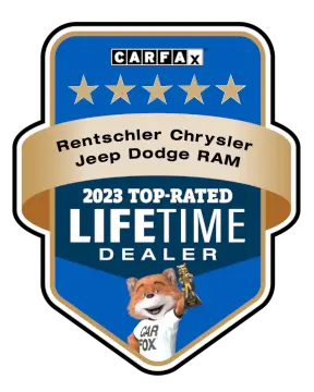 Carfax 2023 Top-Rated Lifetime Dealer award for Rentschler Chrysler Jeep Dodge RAM, with fox mascot.